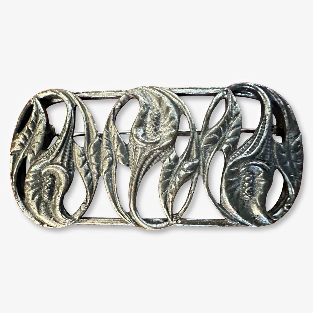 Antique Art Nouveau Pot Metal Calla Lily Openwork Rectangular Brooch Pin 2"